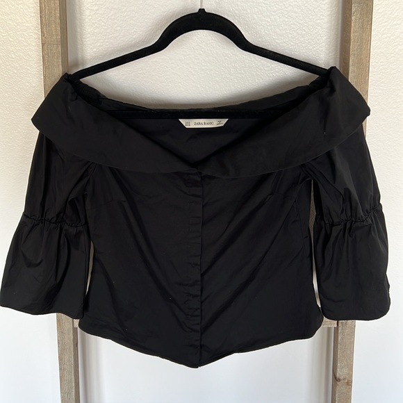 Zara Off Shoulder Button Up 3/4 Sleeve Black Shirt Size M - Picture 6 of 11